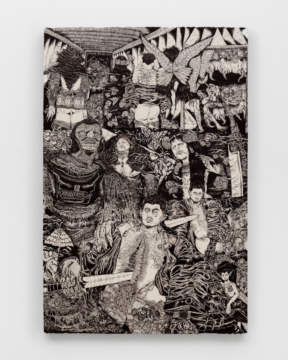 <i>Undines Raw Bar</i>, 2024. Pen and ink on paper mounted on board, 47 x 31 1/2 in (67.3 x 80 cm)